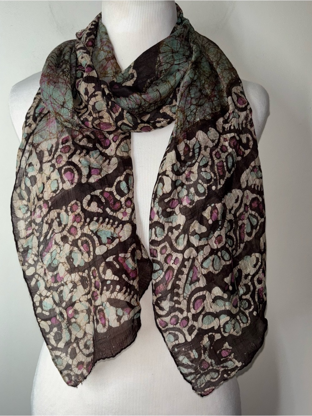 Batik Hand Dyed Silk Rectangle Scarf Abstract Watercolor Boho Lightweight 13x34